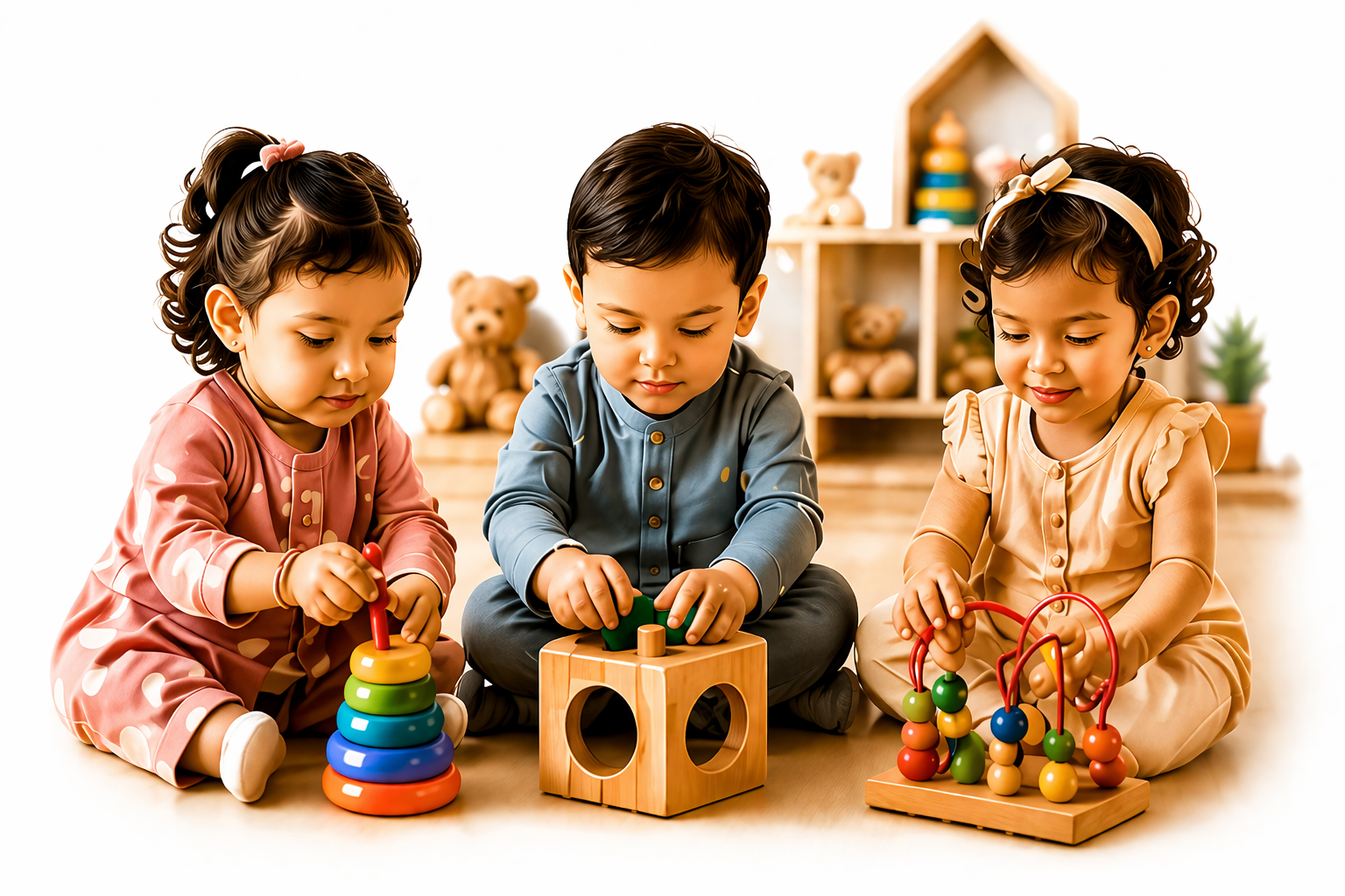 Toddlers engaged in playful learning with educational toys at The Tiny Pole Star