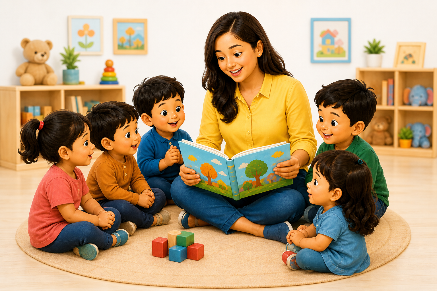Caring teacher reading to children