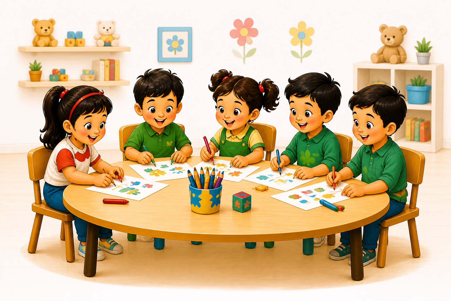 Kids doing arts and crafts at Junior KG
