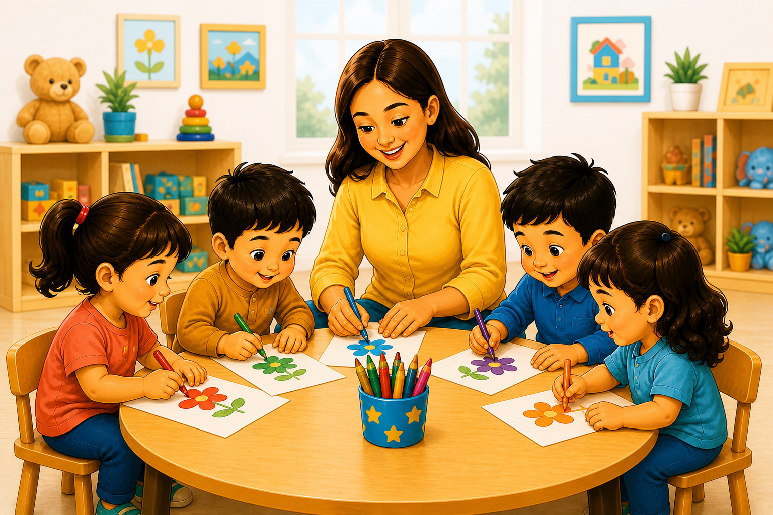 Teacher with children doing creative activities