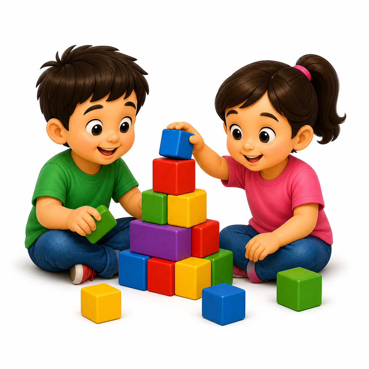 Two young children playing together with colourful blocks