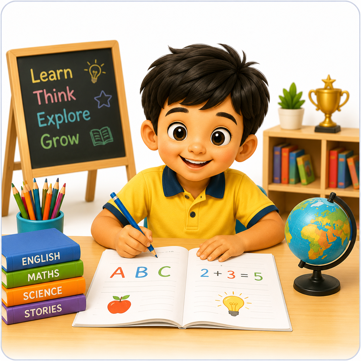 Child at a desk with books, writing, and classroom learning tools